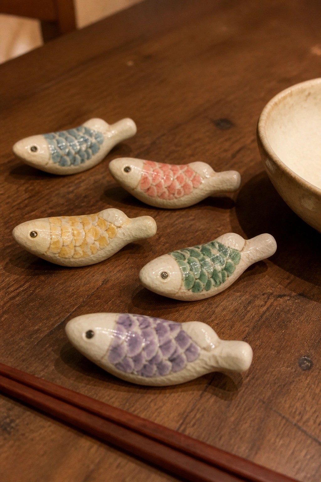 Five small white ceramic fish with blue, pink, yellow, green, and purple scale patterns sit on a wooden table beside a bowl and chopsticks.