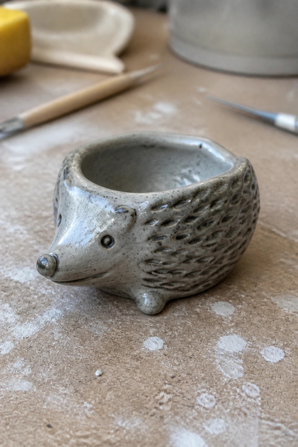 Small gray ceramic hedgehog bowl with textured spines on clay-dusted workbench