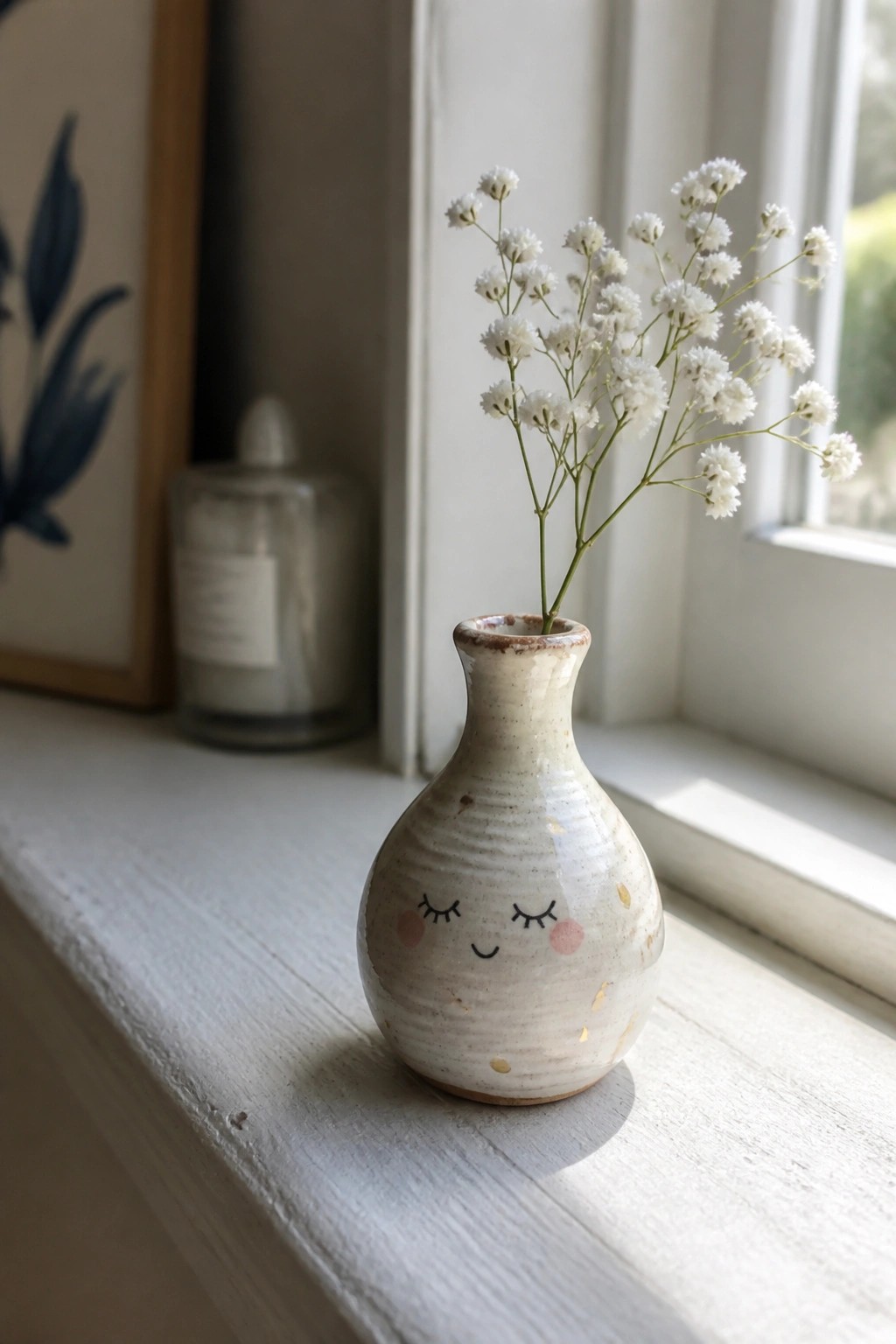 Small ceramic vase with smiling face and gold dots holding white flowers on windowsill