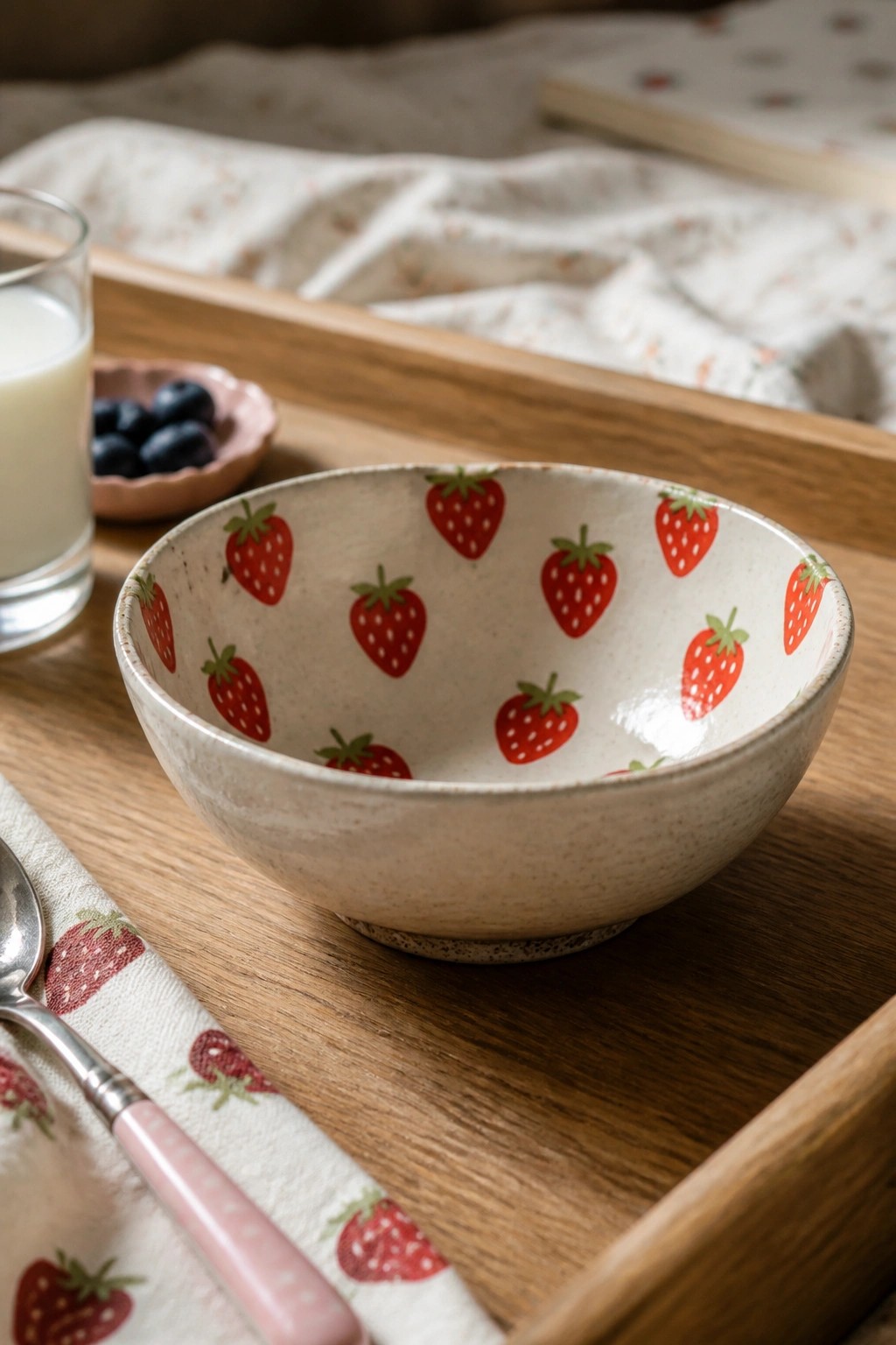 Strawberry-patterned bowl on wooden tray beside milk glass and spoon on napkin