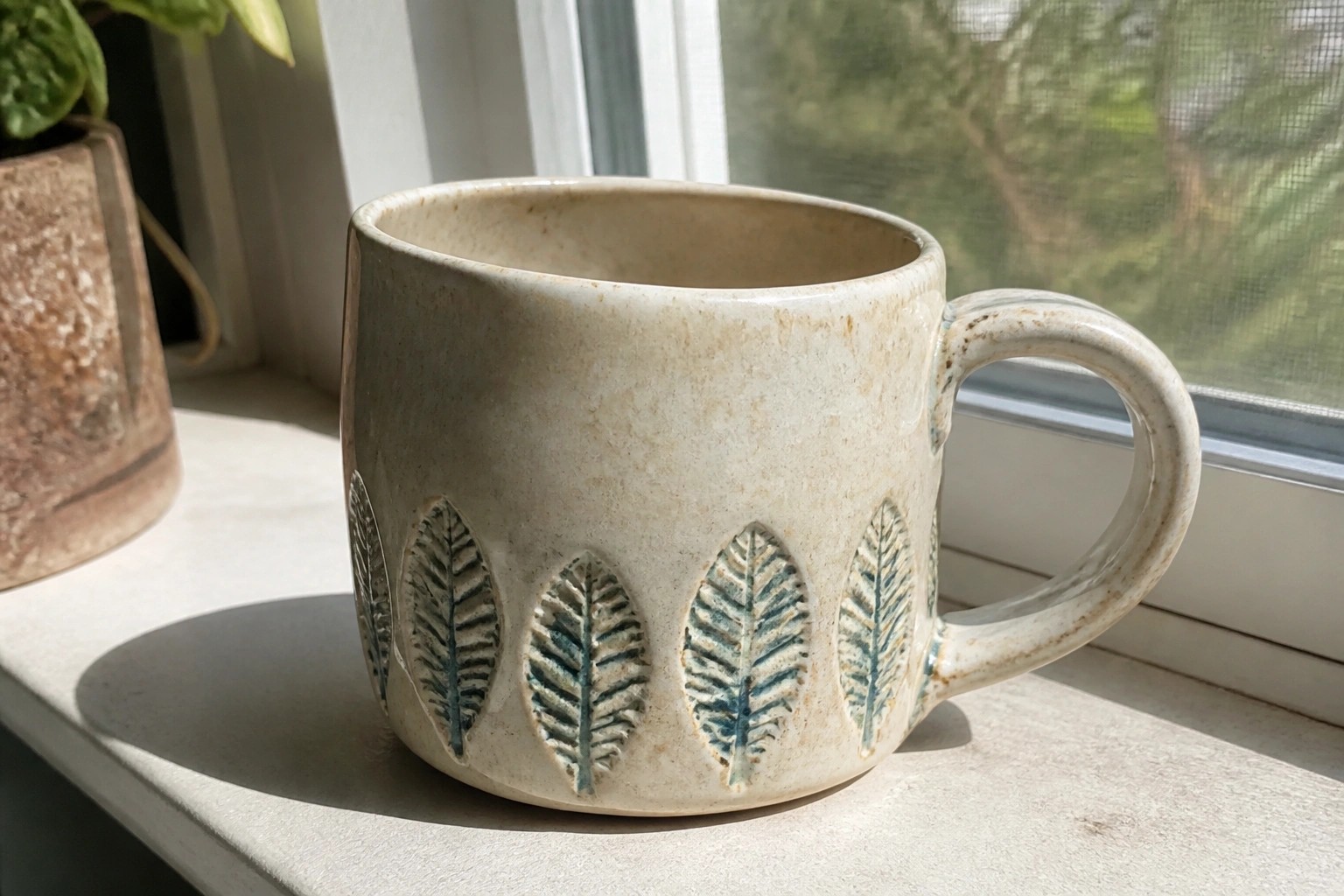 A cream ceramic mug with impressed green leaf patterns around the base rests on a white windowsill.