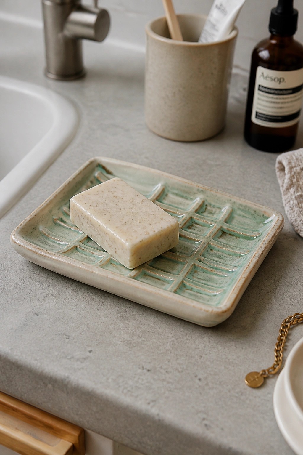 Speckled soap bar on green grid-patterned ceramic dish on gray bathroom counter.