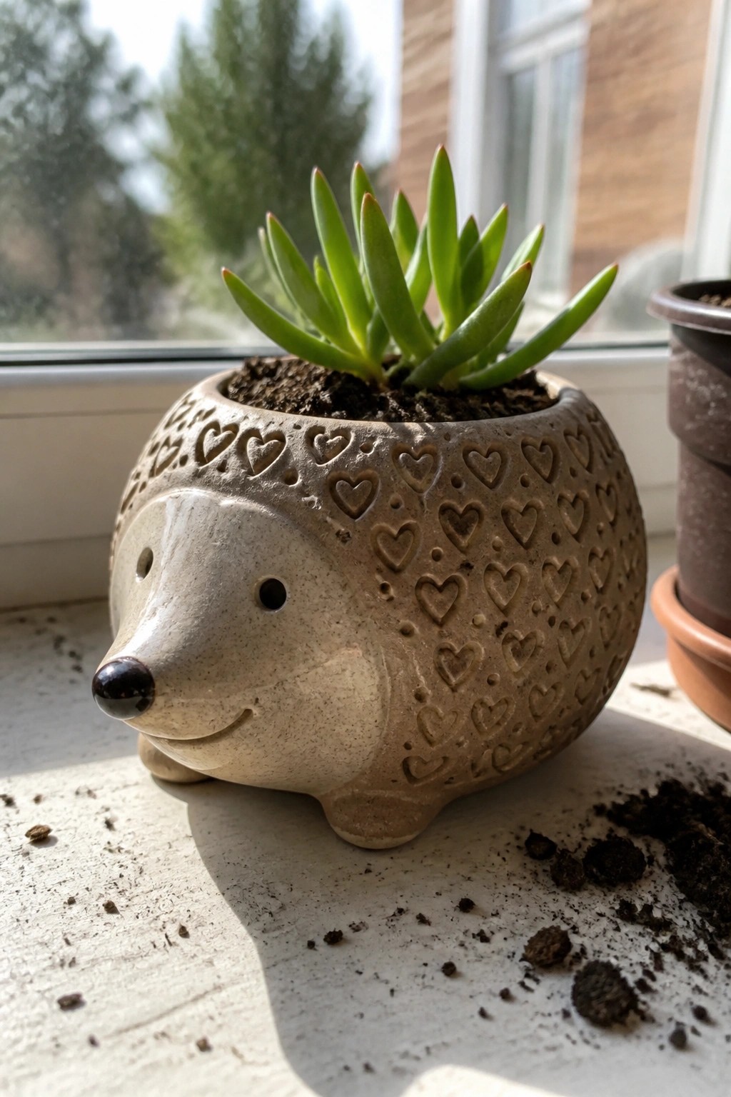 Ceramic hedgehog planter with heart patterns holding a green succulent on a windowsill.