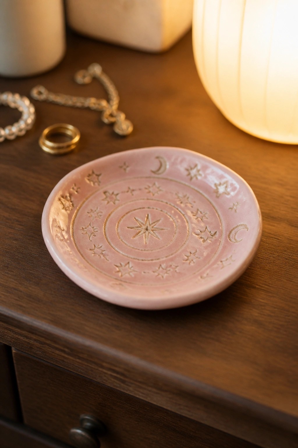 Pink ceramic dish with celestial star and moon patterns beside jewelry on wood table
