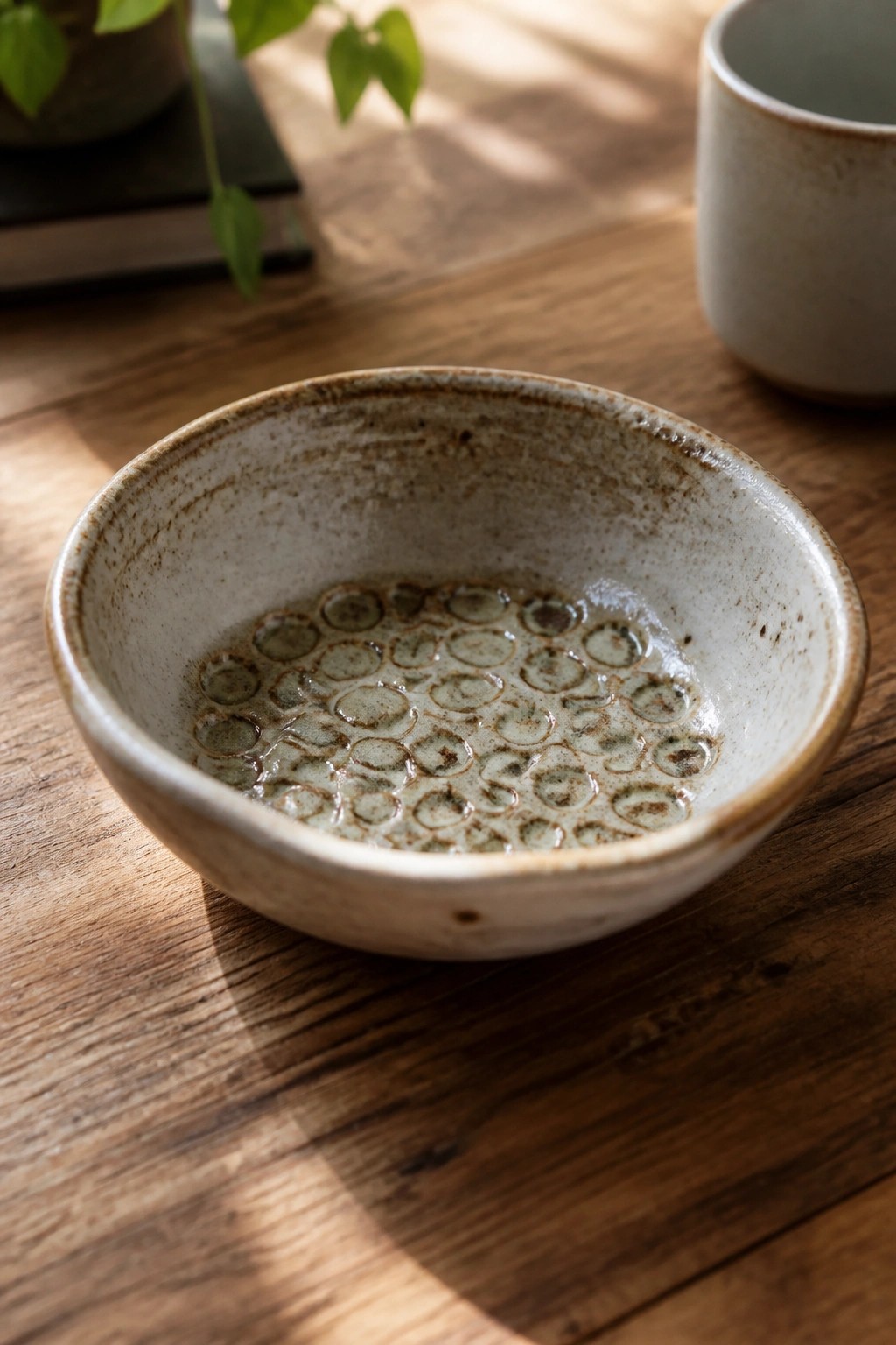 Ceramic bowl with circular dimpled glaze on sunlit wooden table with cup nearby