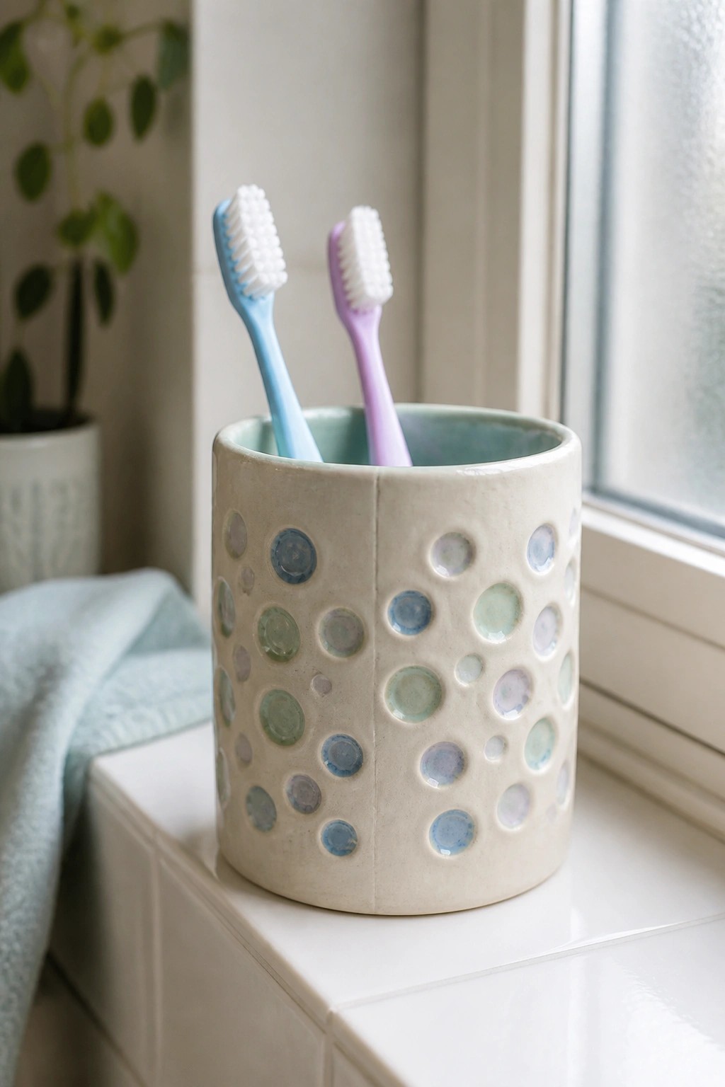 Two toothbrushes in a dotted ceramic holder on a bathroom windowsill
