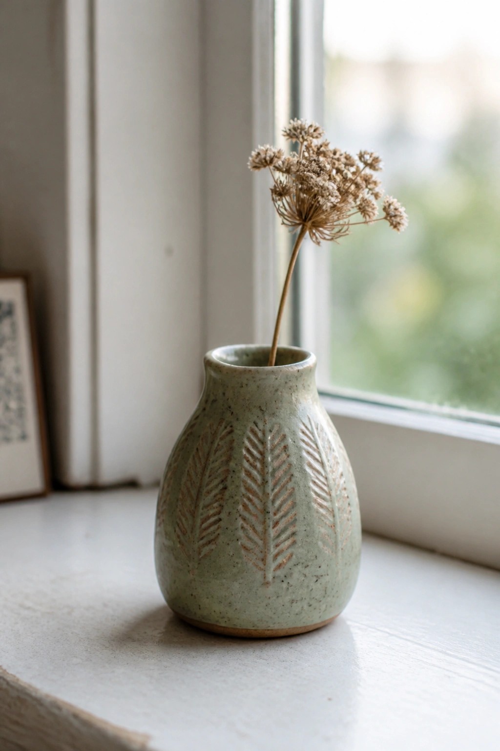 Small light green vase with fern patterns holding dried flowers on windowsill