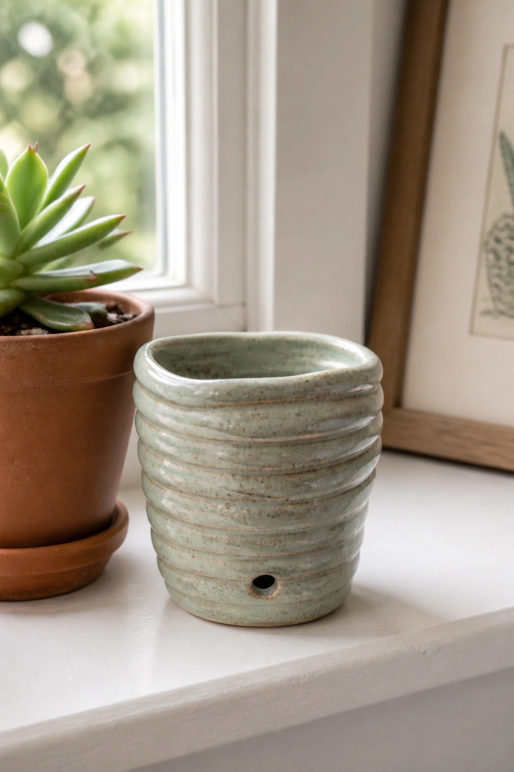 Light green ribbed ceramic pot on white windowsill beside terracotta succulent planter