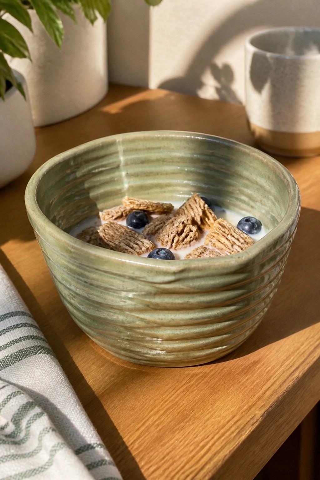 A green ceramic bowl with horizontal ridges holds cereal, milk, and blueberries on a wooden table.