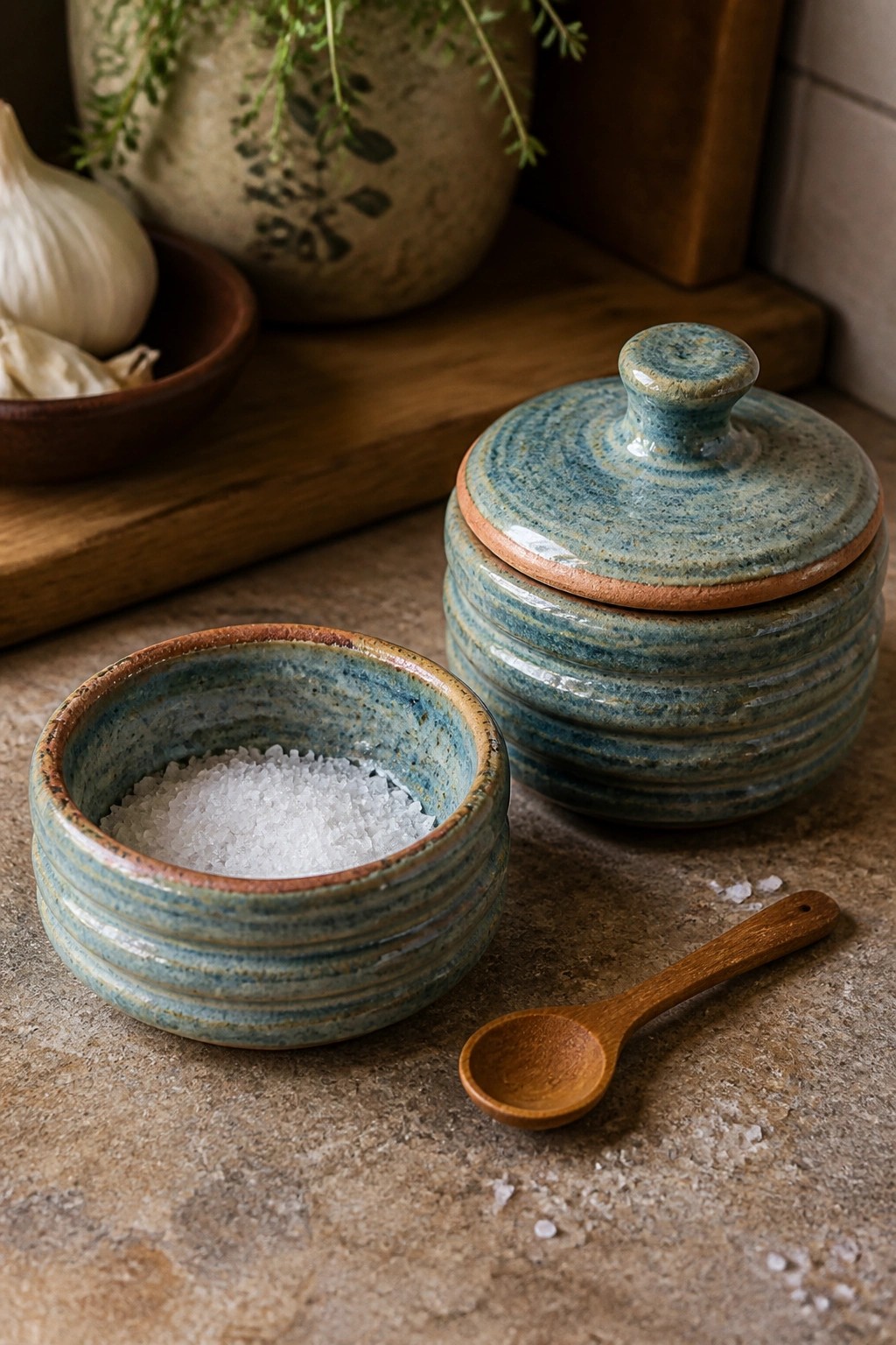 Blue ceramic bowl of salt beside lidded jar and wooden spoon on stone counter
