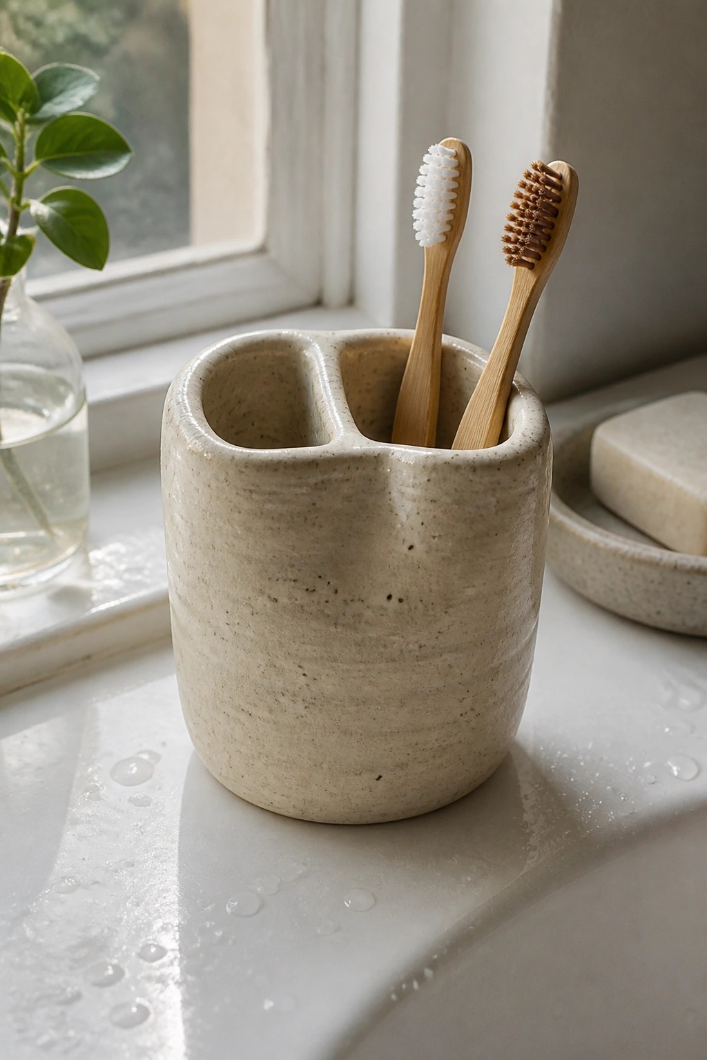 Beige ceramic holder with two bamboo toothbrushes on wet white windowsill