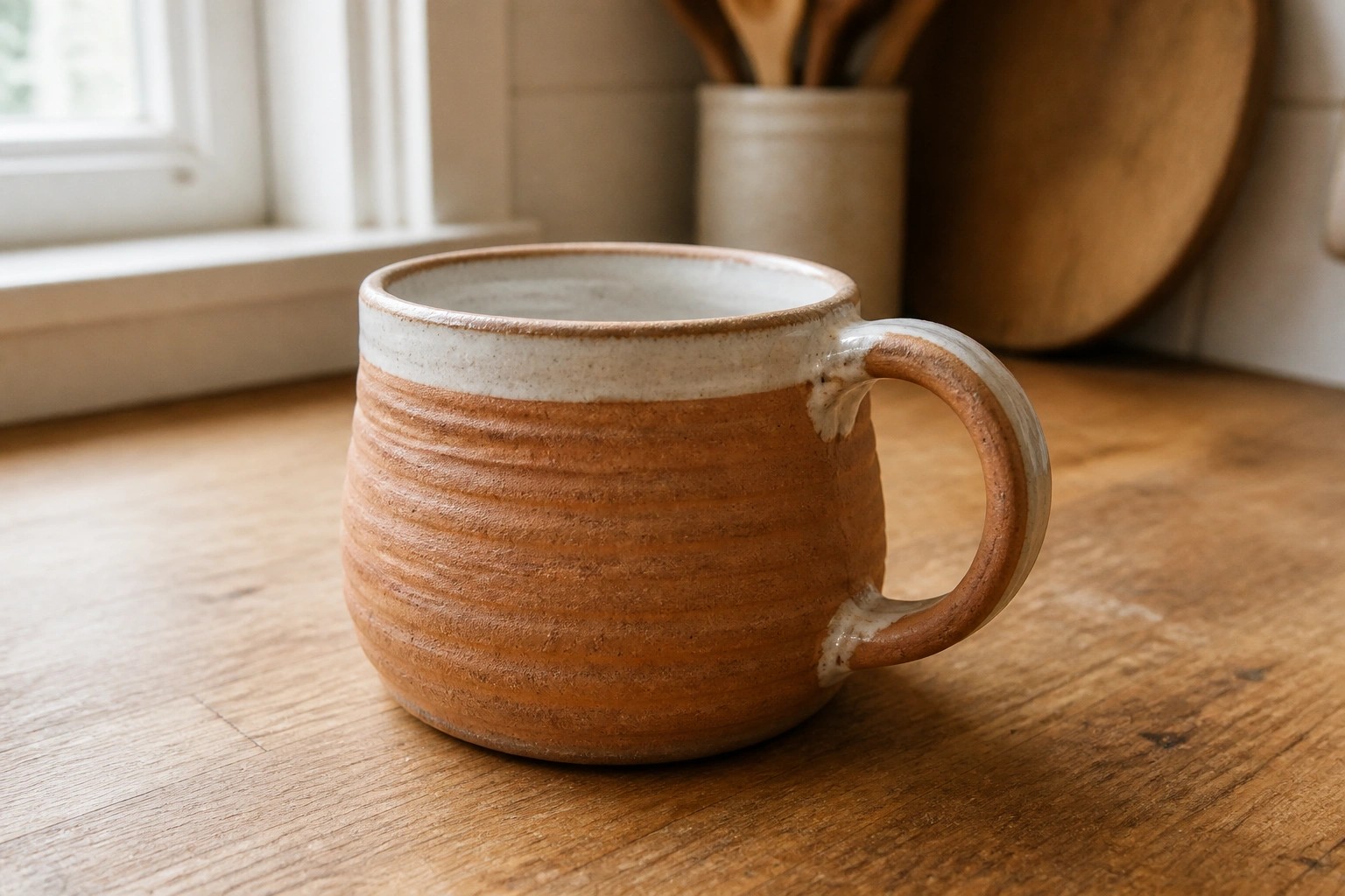 Terracotta ceramic mug with white rim and handle on wooden table