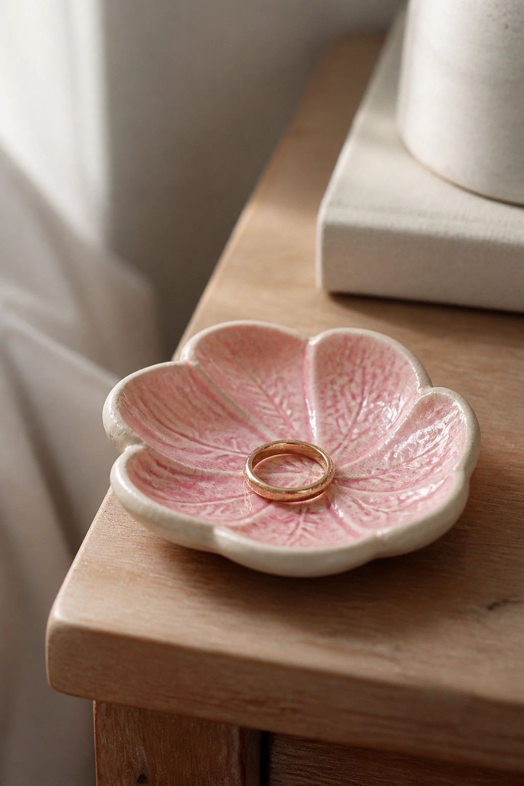 Pink ceramic flower dish with gold ring on light wooden surface