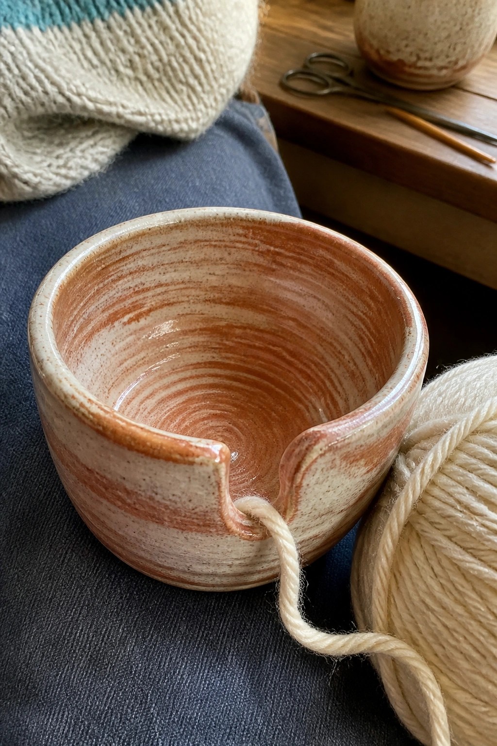 Ceramic yarn bowl with notch on blue jeans beside white wool skein