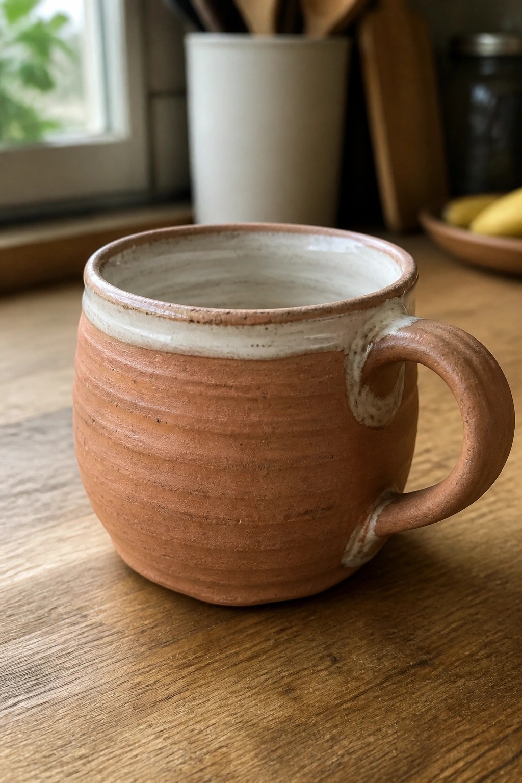 Terracotta ceramic mug with white rim and handle on wooden table