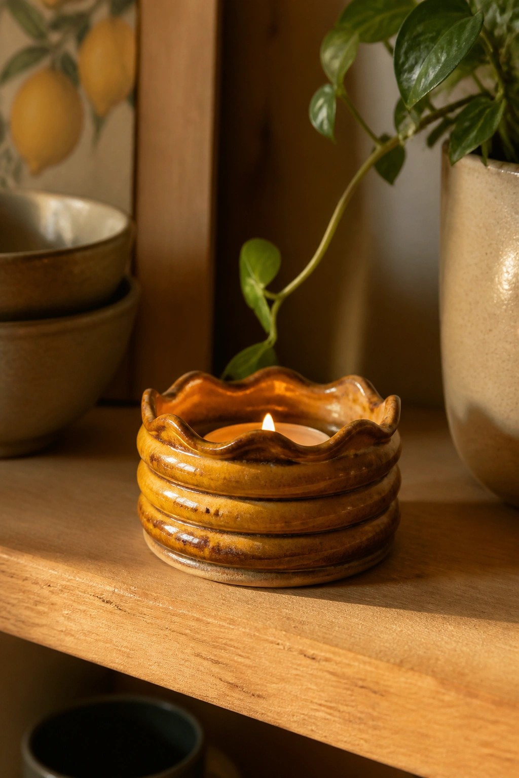 Lit candle in a scalloped brown ceramic holder on a wooden shelf with pottery