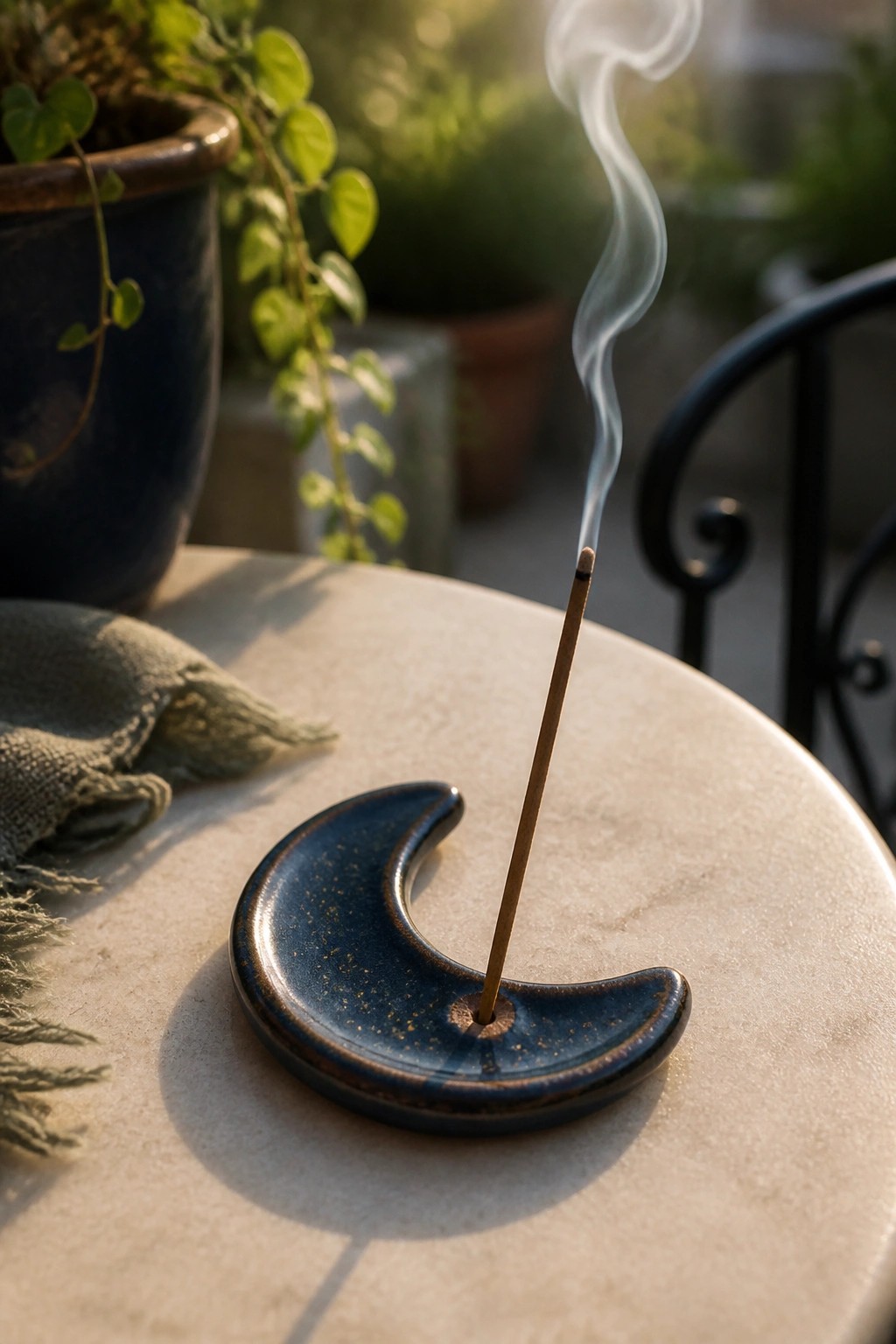 Blue crescent moon ceramic incense holder with burning stick and rising smoke