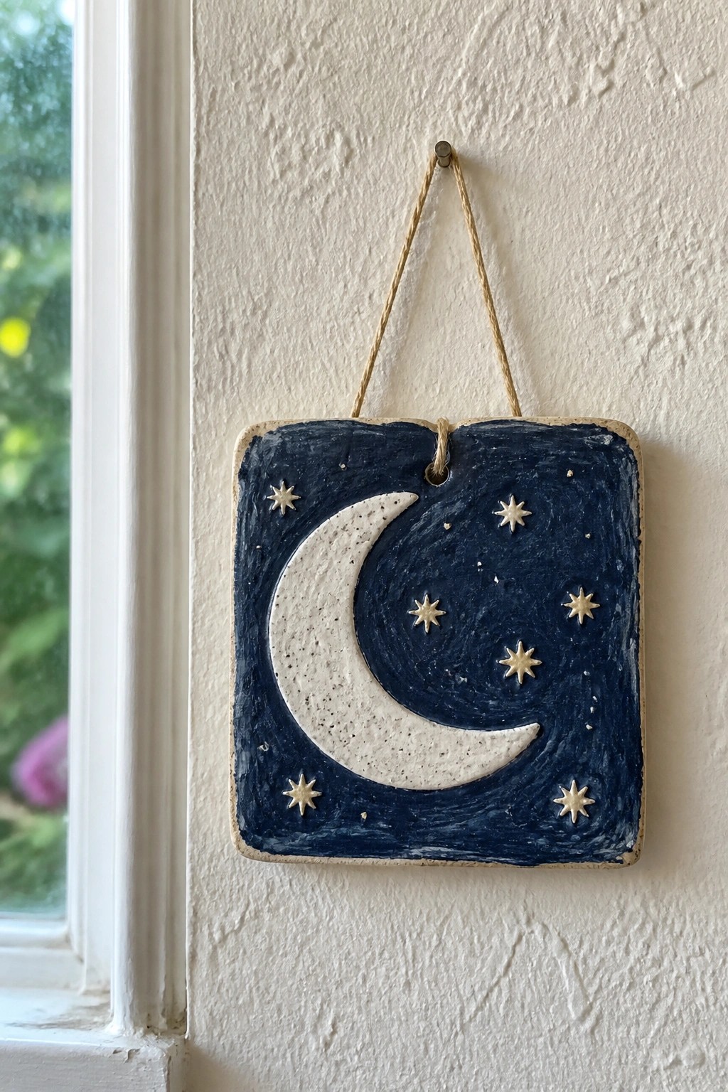 Square ceramic tile with crescent moon and stars hanging on white wall by twine