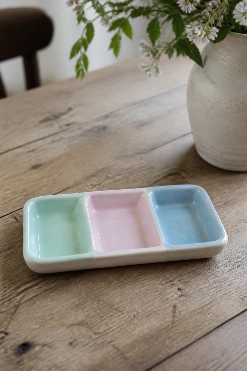 Three-section ceramic dish in mint green, pink, and blue on wooden table