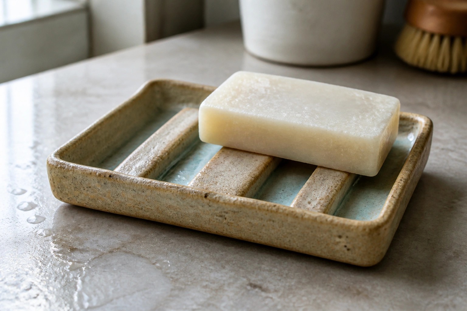 Wet soap bar on ridged ceramic dish with water droplets on countertop