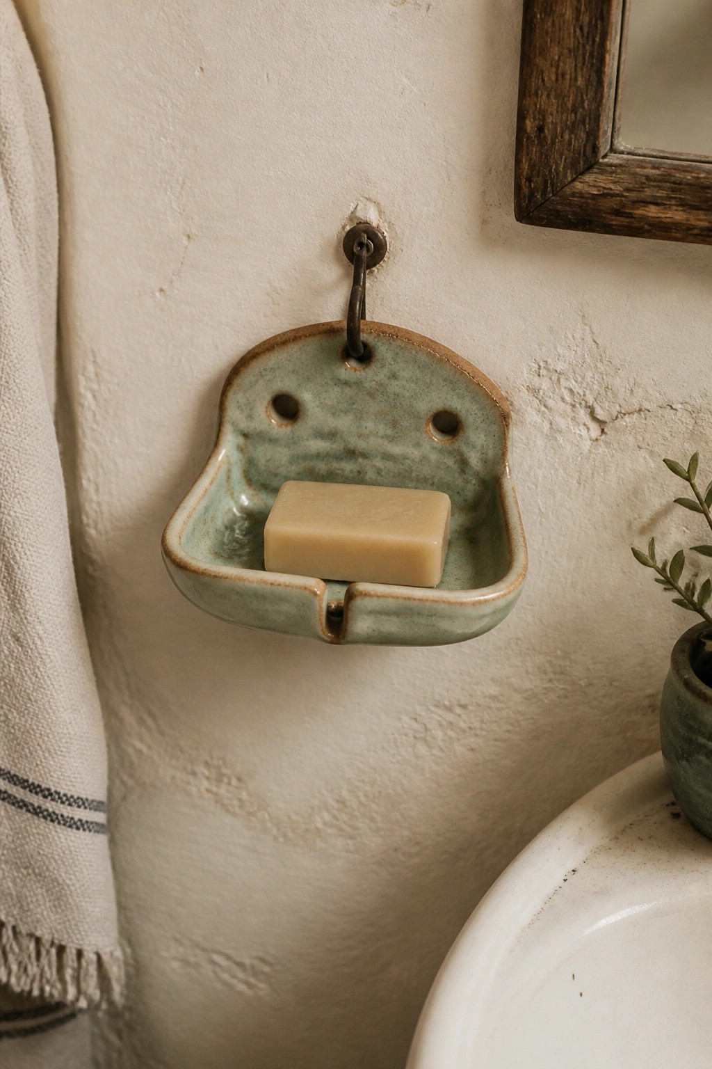 Green ceramic soap dish with bar of soap on textured wall beside towel and sink