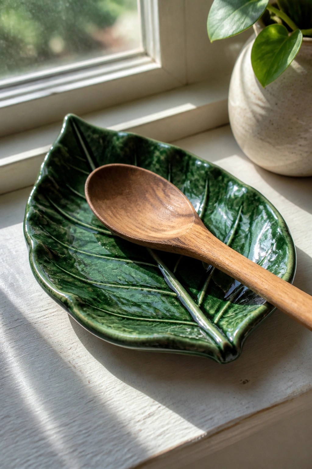 Wooden spoon in green leaf-shaped ceramic bowl on sunlit windowsill