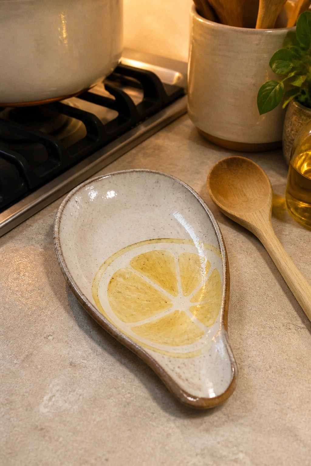 Ceramic spoon rest with lemon slice design beside wooden spoon on counter