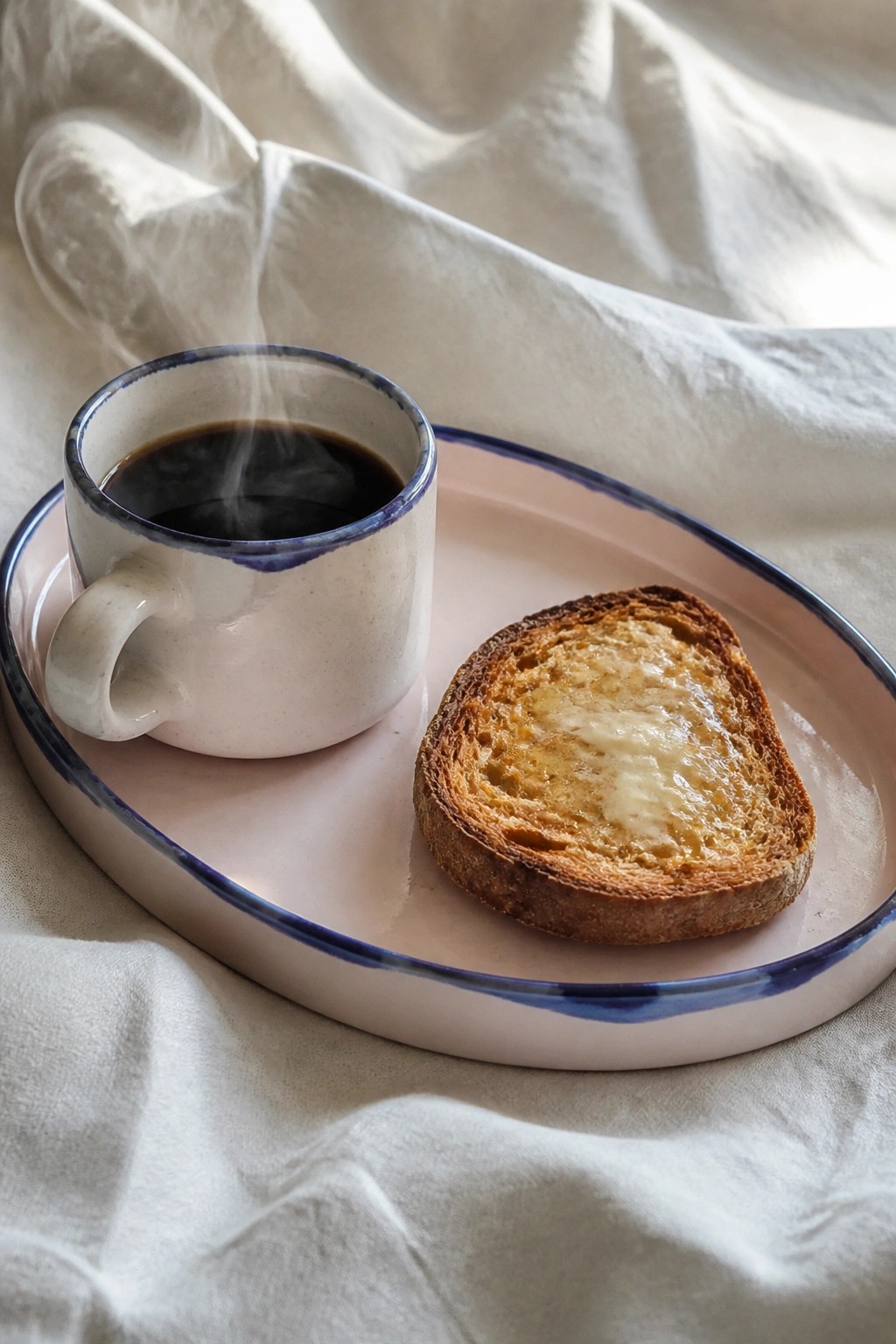 Steaming coffee in blue-rimmed mug beside buttered toast on pink plate over white cloth