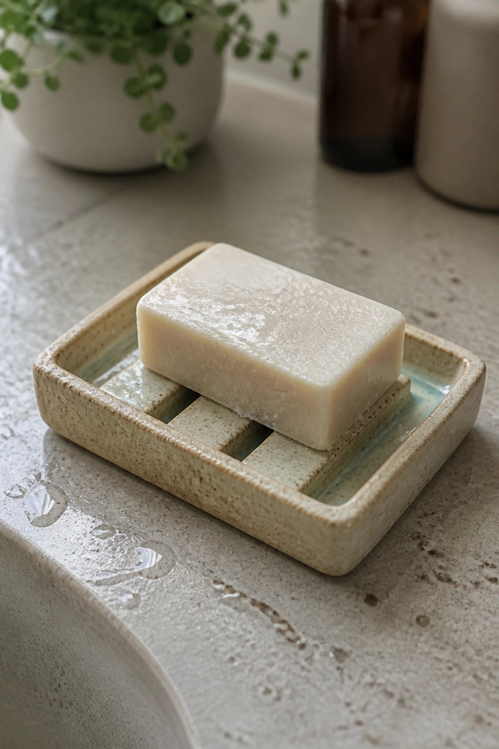 Wet soap bar on ridged ceramic dish with water droplets on countertop