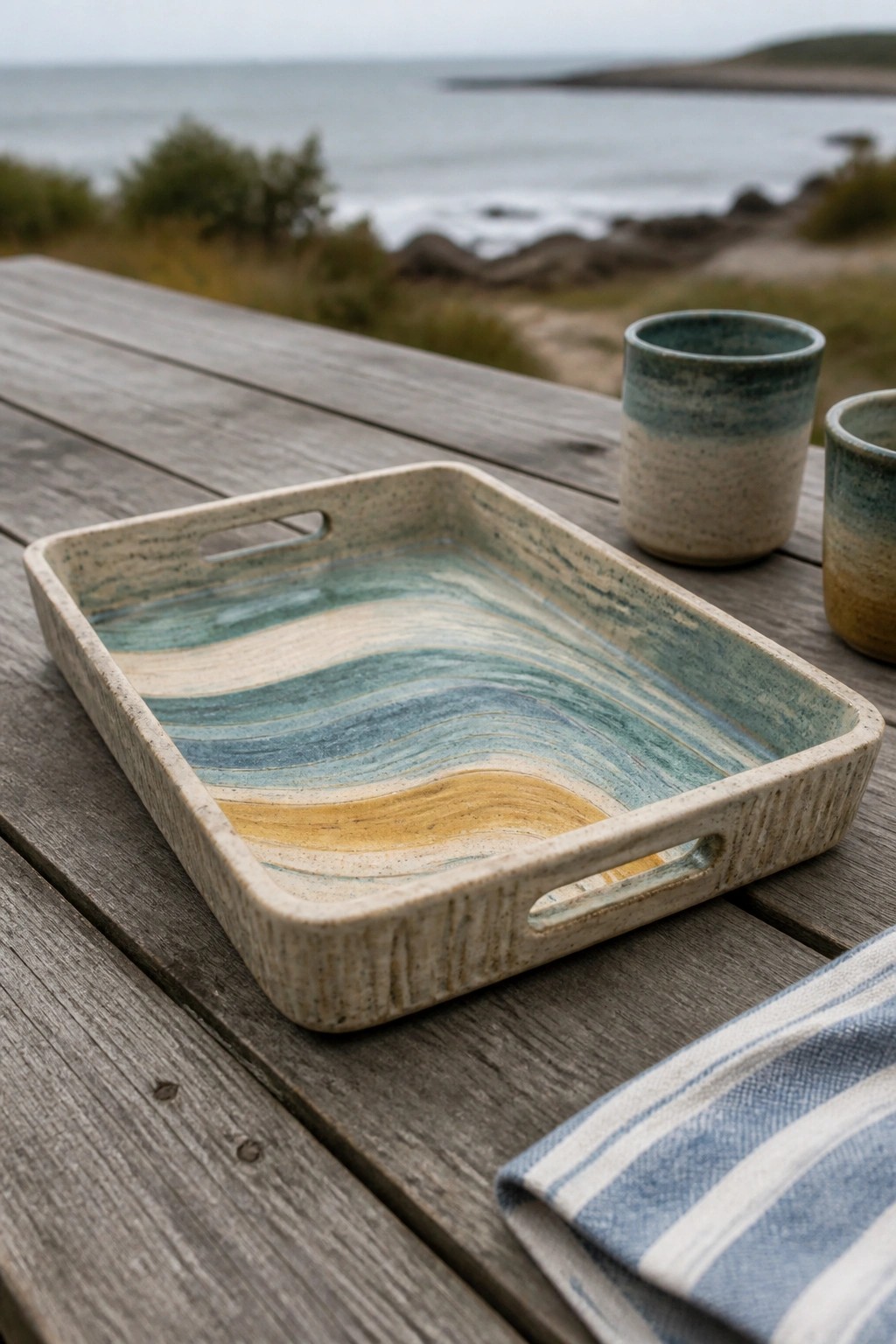 Ceramic tray with blue and yellow waves beside two mugs on wooden table by ocean