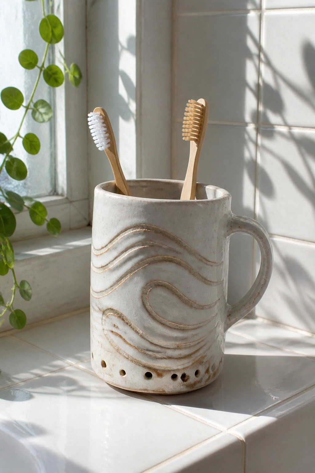 Ceramic mug with wavy patterns holding two bamboo toothbrushes on sunlit tiled windowsill
