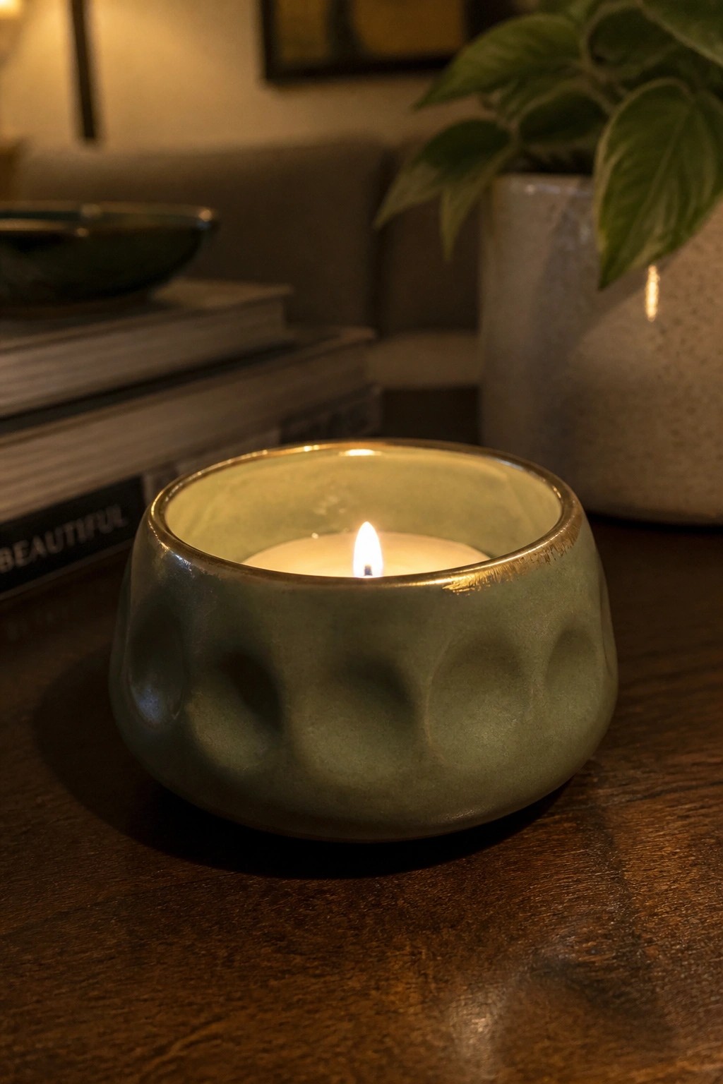 Lit candle in green dimpled ceramic bowl with gold rim on wooden table.