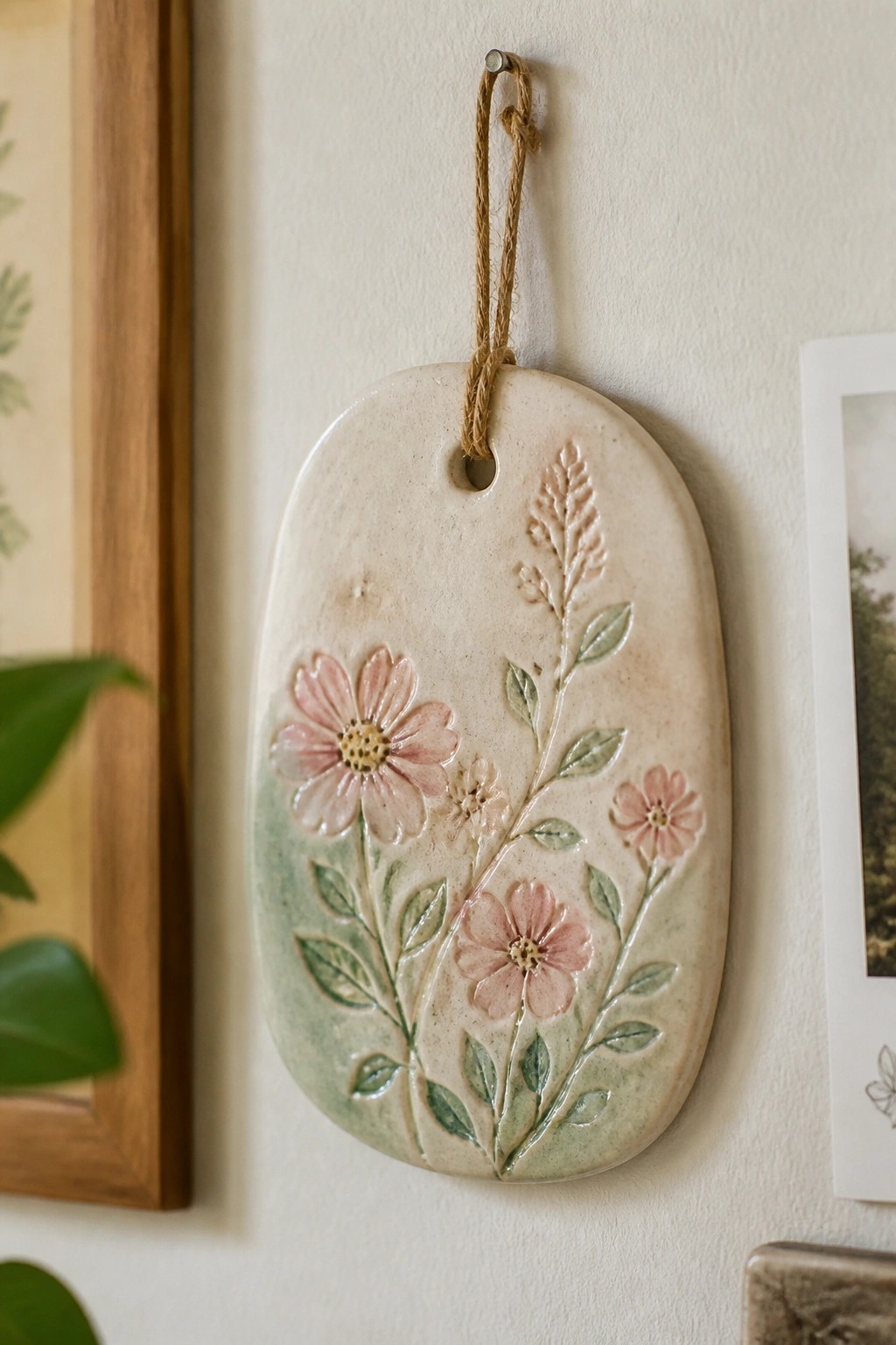 Oval ceramic hanging with pink flowers, green leaves, and twine loop on wall