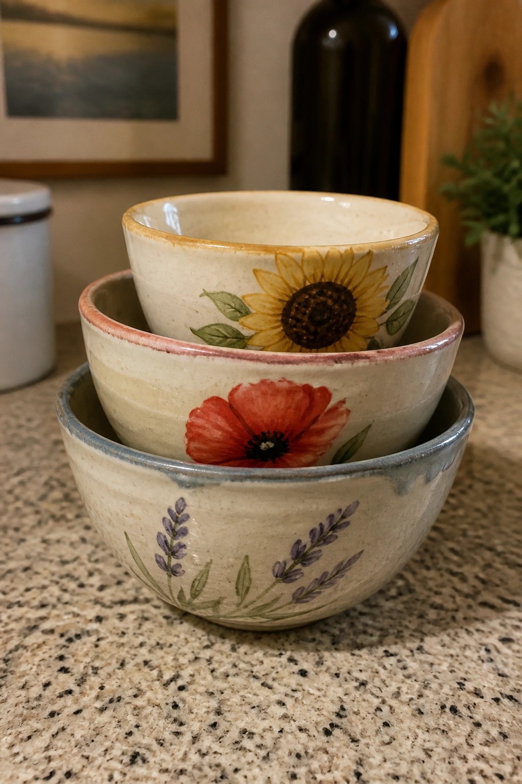 Three stacked ceramic bowls with sunflower, poppy, and lavender floral designs on counter
