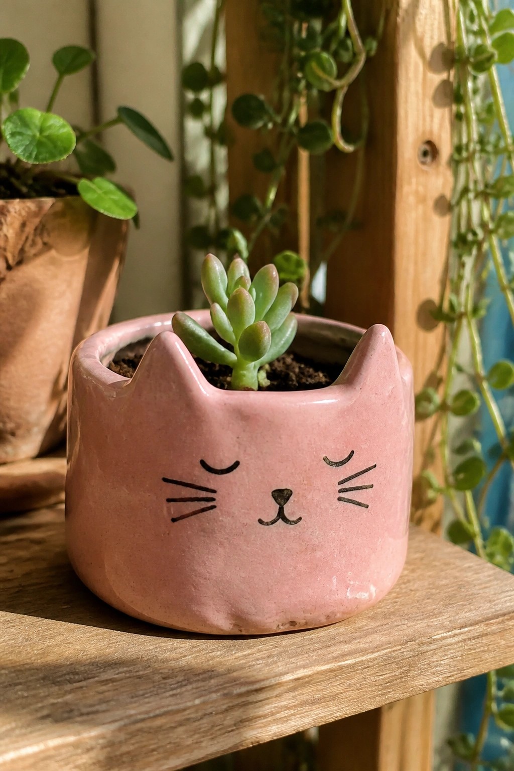 Pink cat-faced ceramic planter with succulent on wooden shelf amid plants