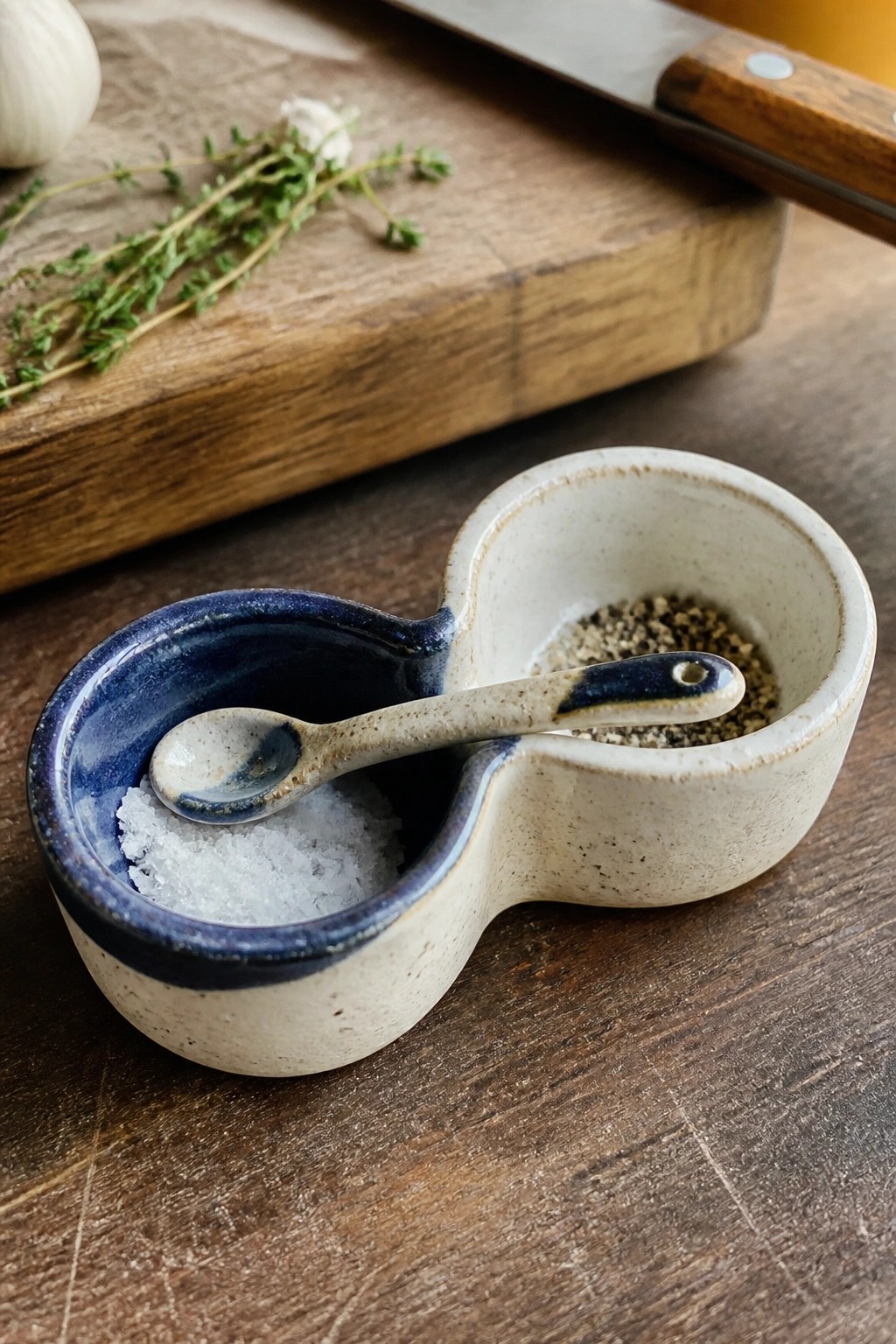 Ceramic salt and pepper dish with spoon on wooden table, herbs behind.