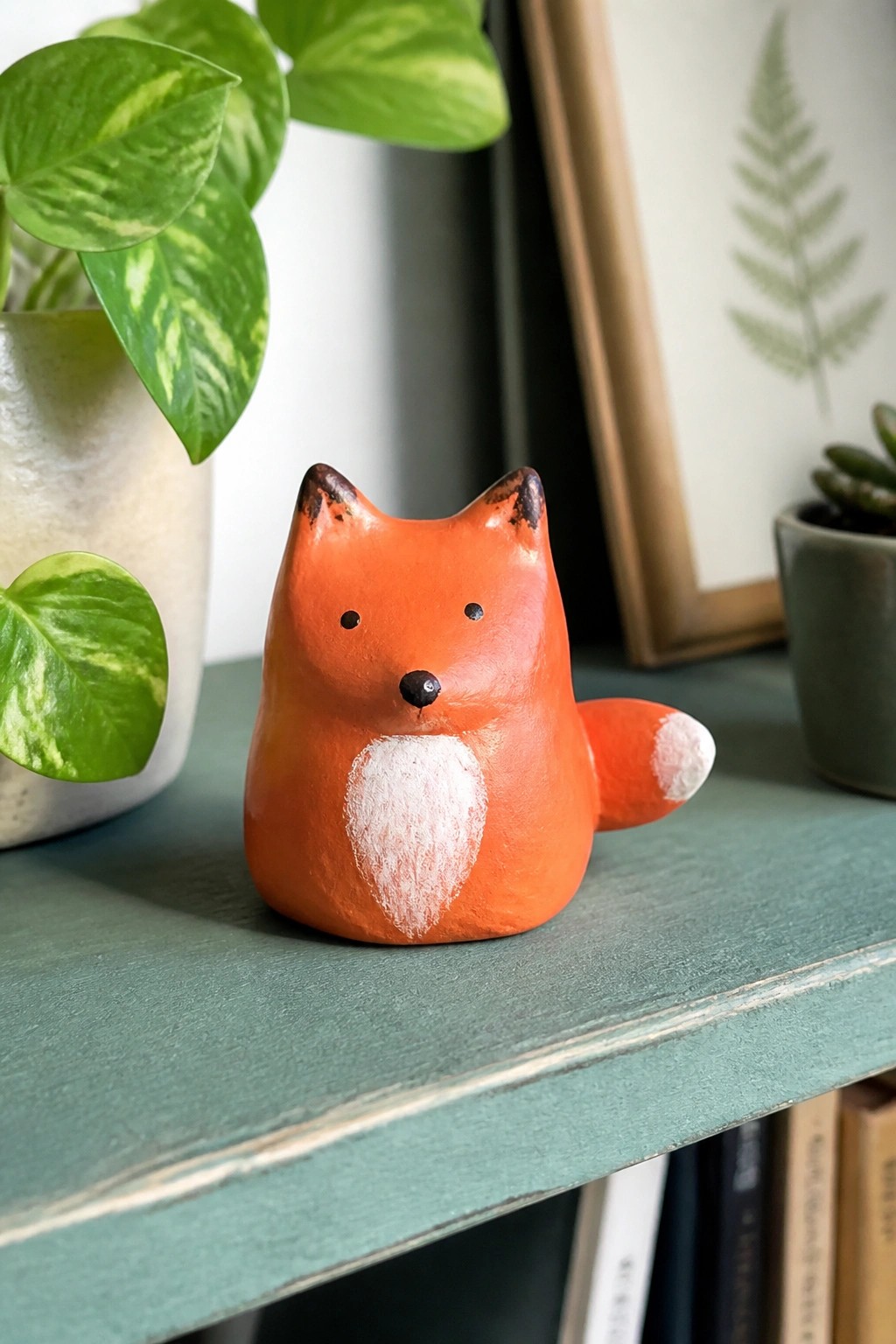Orange fox figurine with white chest on teal wooden shelf beside plants