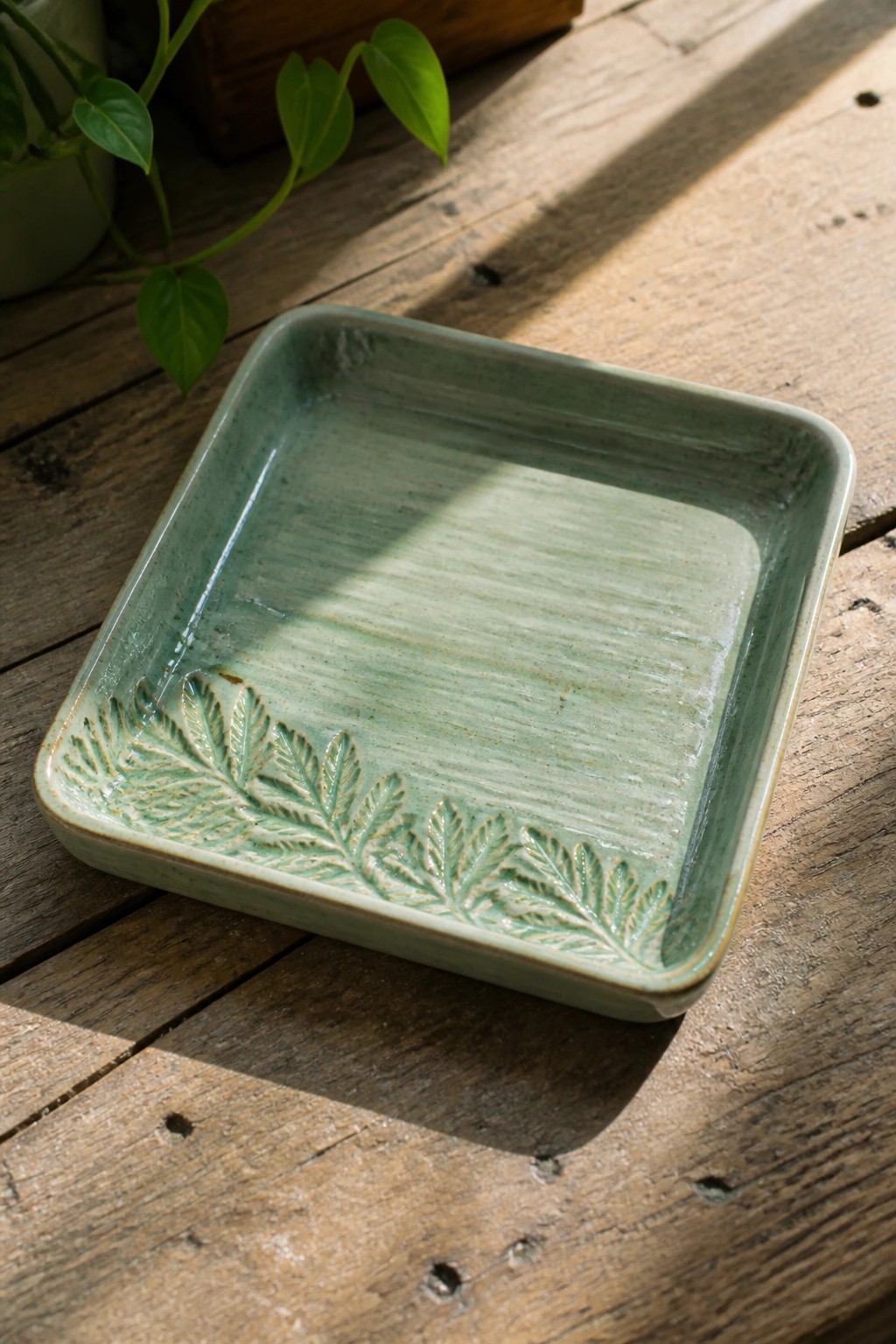 Green square ceramic tray with embossed leaves on sunlit wooden table