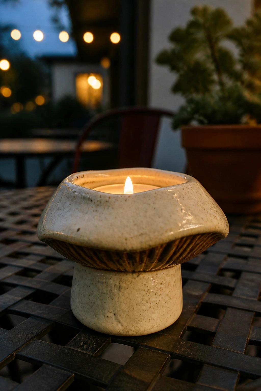 Lit candle in speckled ceramic mushroom holder on dark metal lattice table.