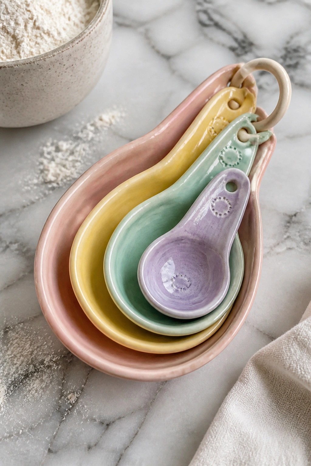 Pastel ceramic measuring spoons nested on marble near flour bowl and cloth