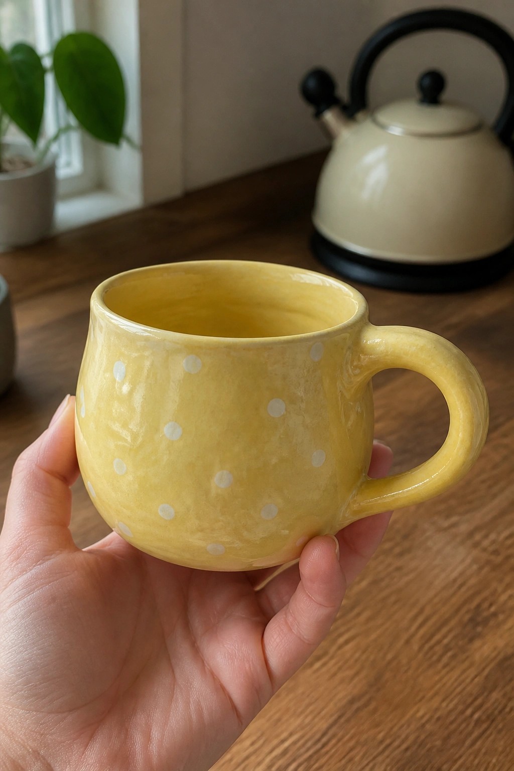 Hand holding glossy yellow mug with white polka dots on wooden table