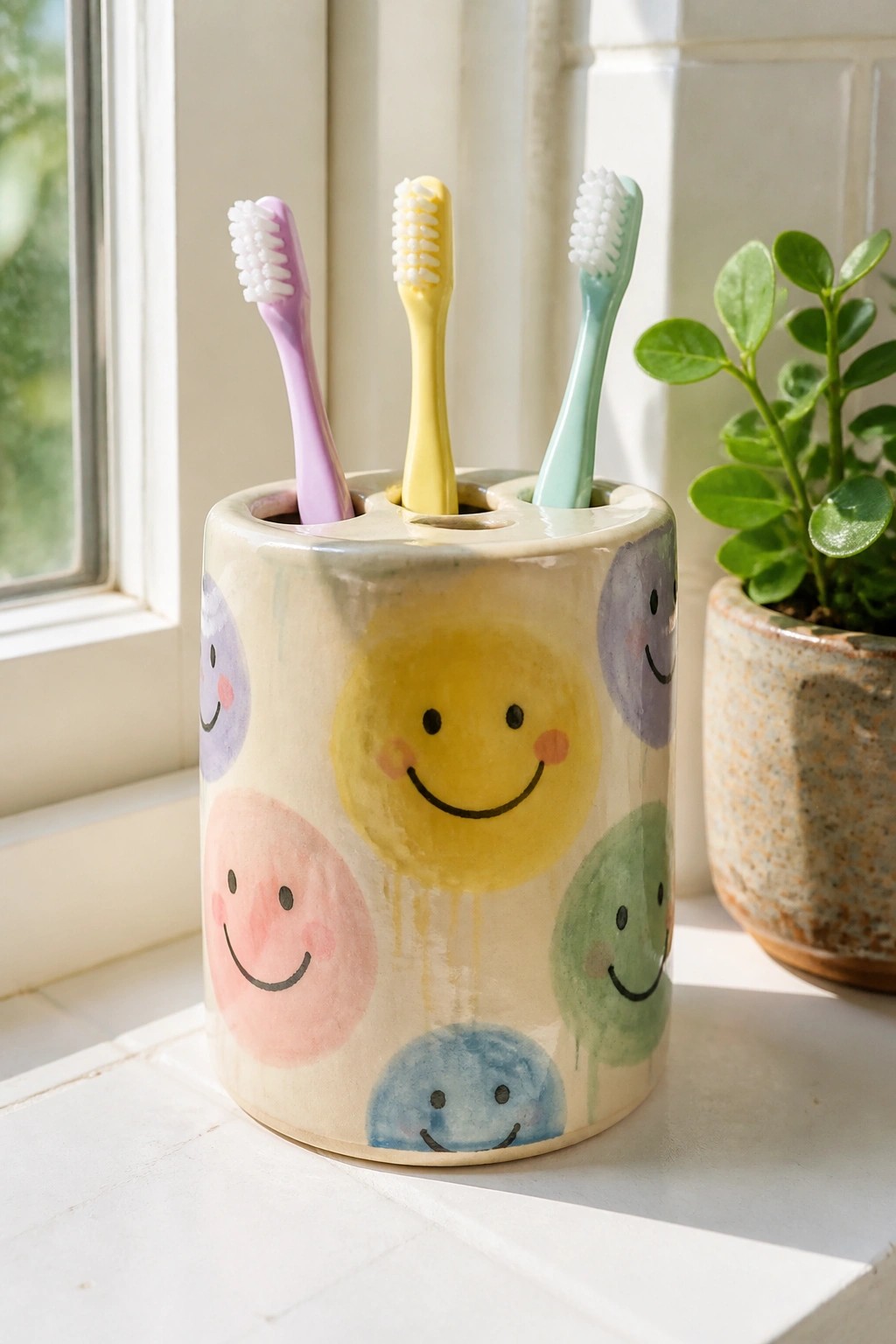 Colorful ceramic toothbrush holder with smiley faces holding purple, yellow, and green brushes on windowsill