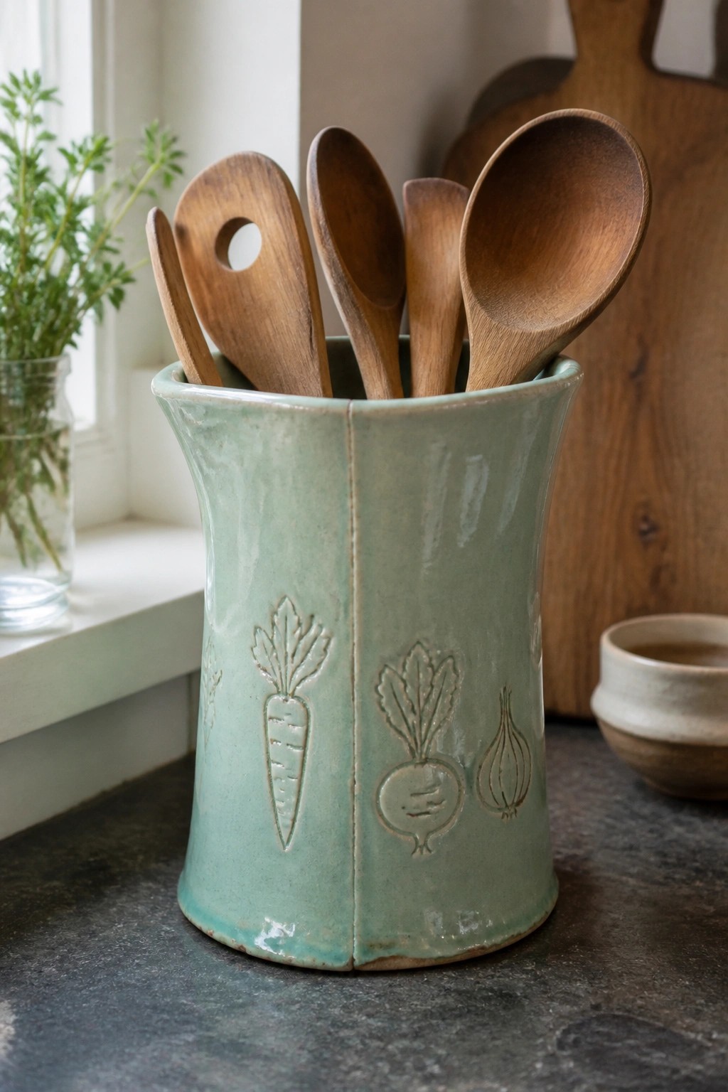Sage green ceramic crock with carrot, beet, and onion carvings holding wooden spoons