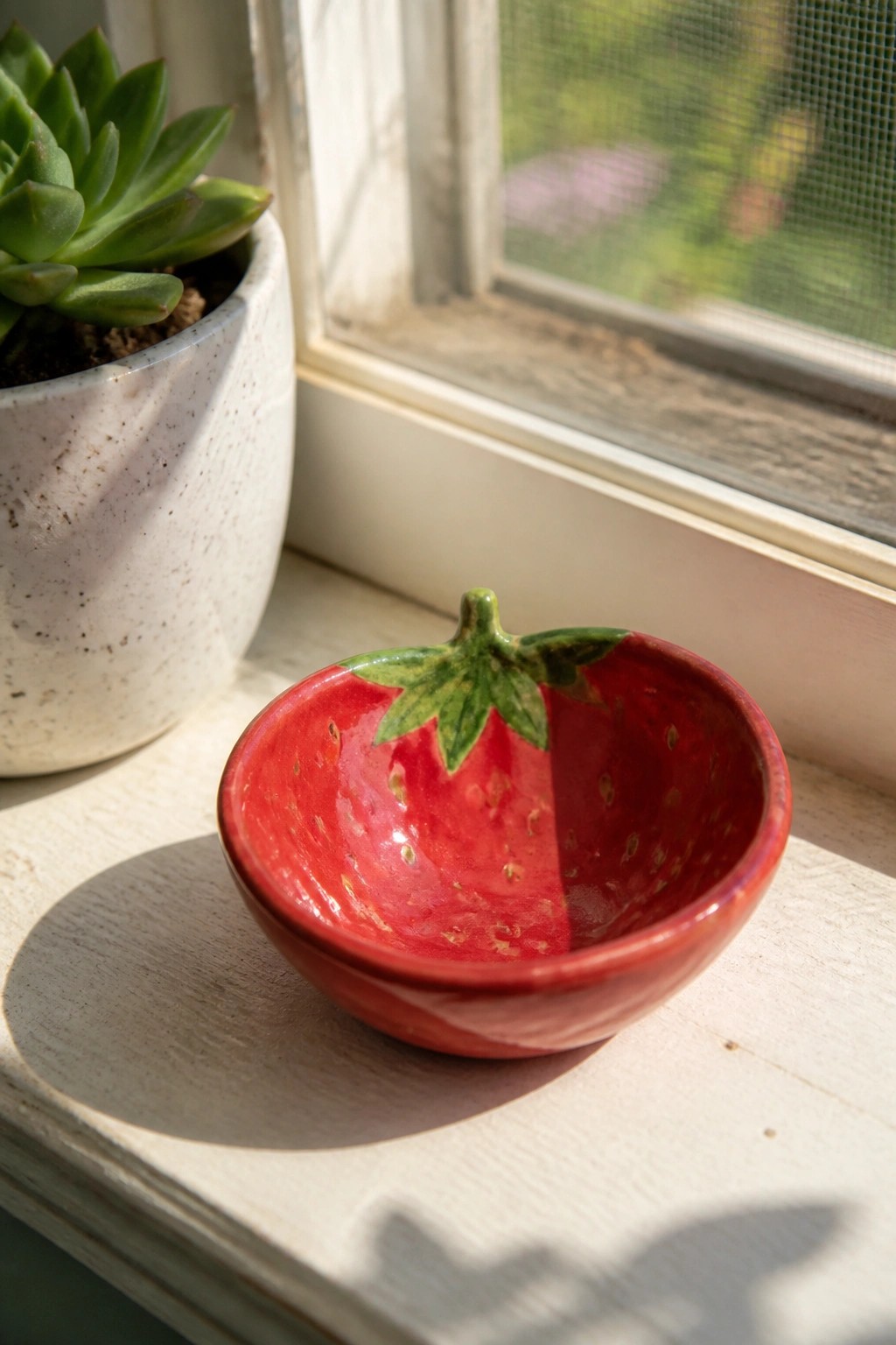 Red strawberry-shaped ceramic bowl on white windowsill beside potted succulent plant
