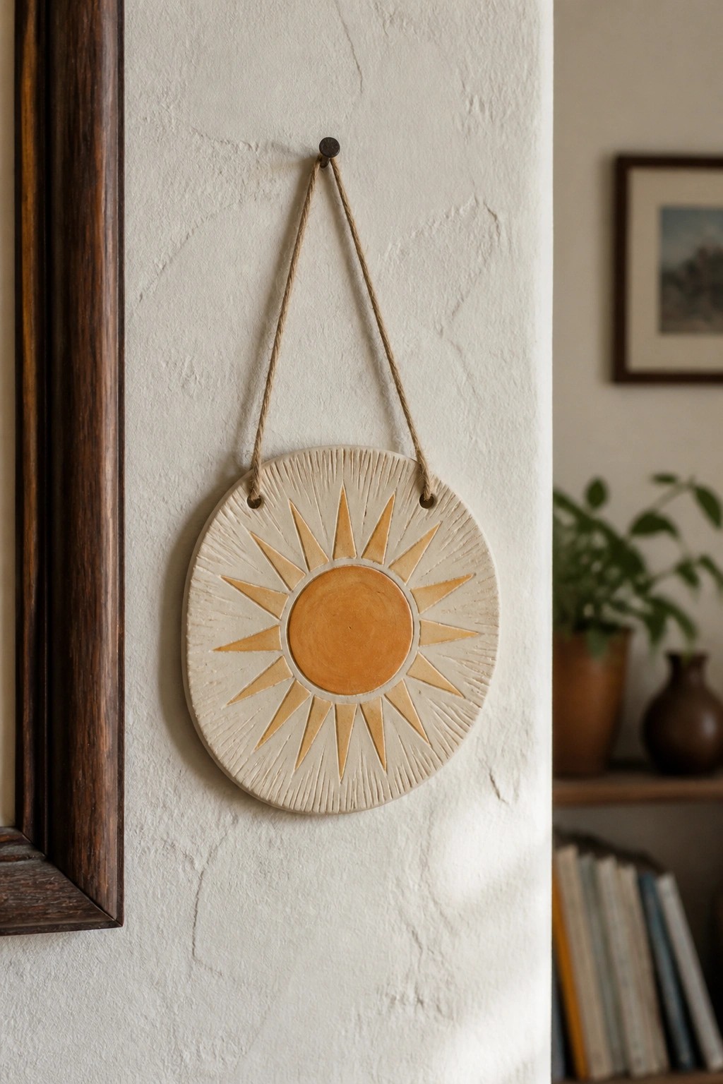Ceramic sun wall hanging with orange rays suspended by rope on white wall
