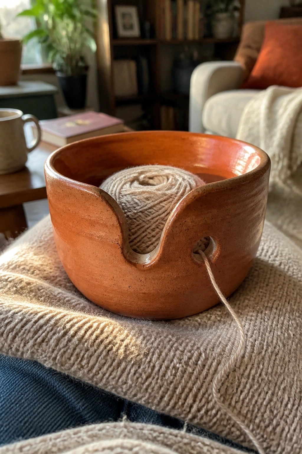 Orange ceramic yarn bowl with beige yarn on knitted blanket in living room