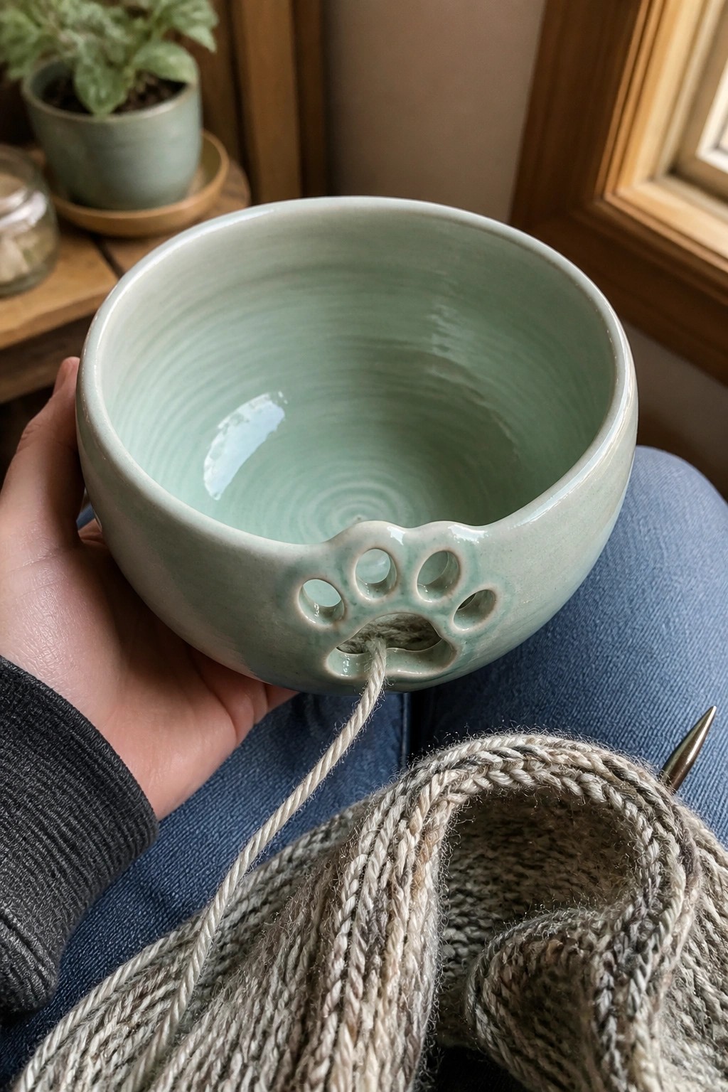 Hand holds mint green paw-print yarn bowl with yarn on blue jeans beside knitting.