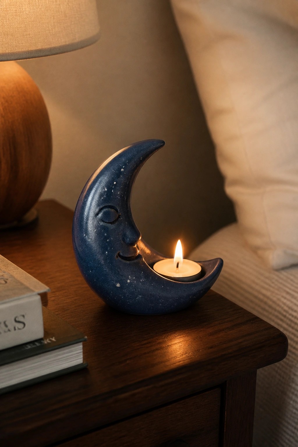 Blue moon candle holder with smiling face and lit candle on wooden nightstand beside books.