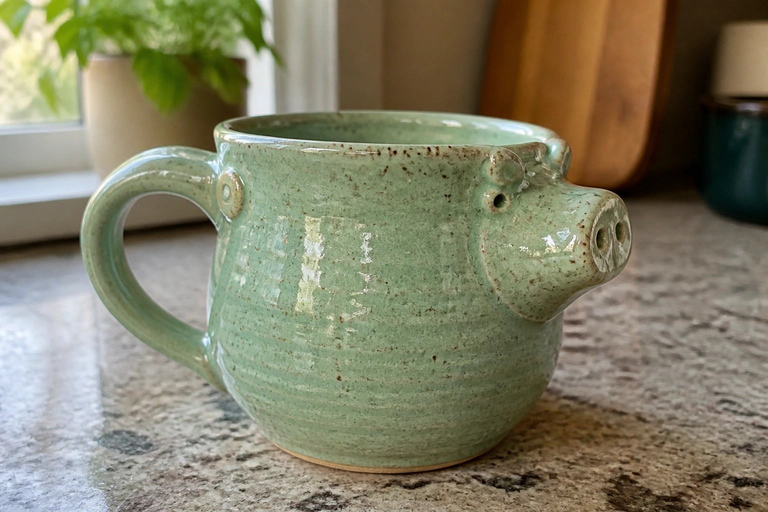 Light green speckled ceramic pig mug with snout on kitchen countertop