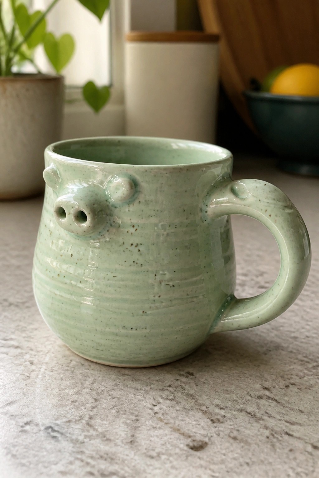 Light green speckled ceramic pig mug with snout on kitchen countertop